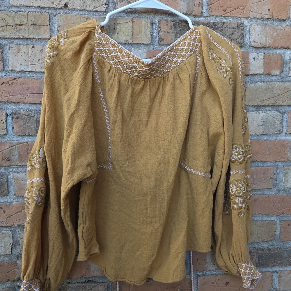 Free People Mustard Embroidered Blouse